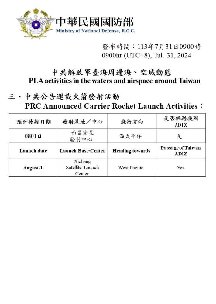 中共公告運載火箭發射活動。（國防部提供）