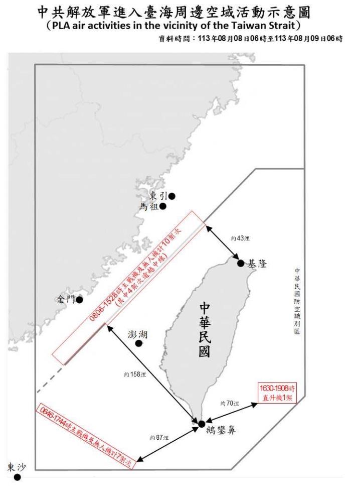 中共解放軍進入臺海周邊空域活動示意圖。（國防部提供）