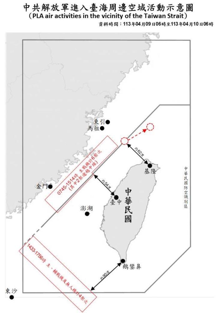 中共解放軍進入臺海周邊活動空域示意圖。（國防部提供）