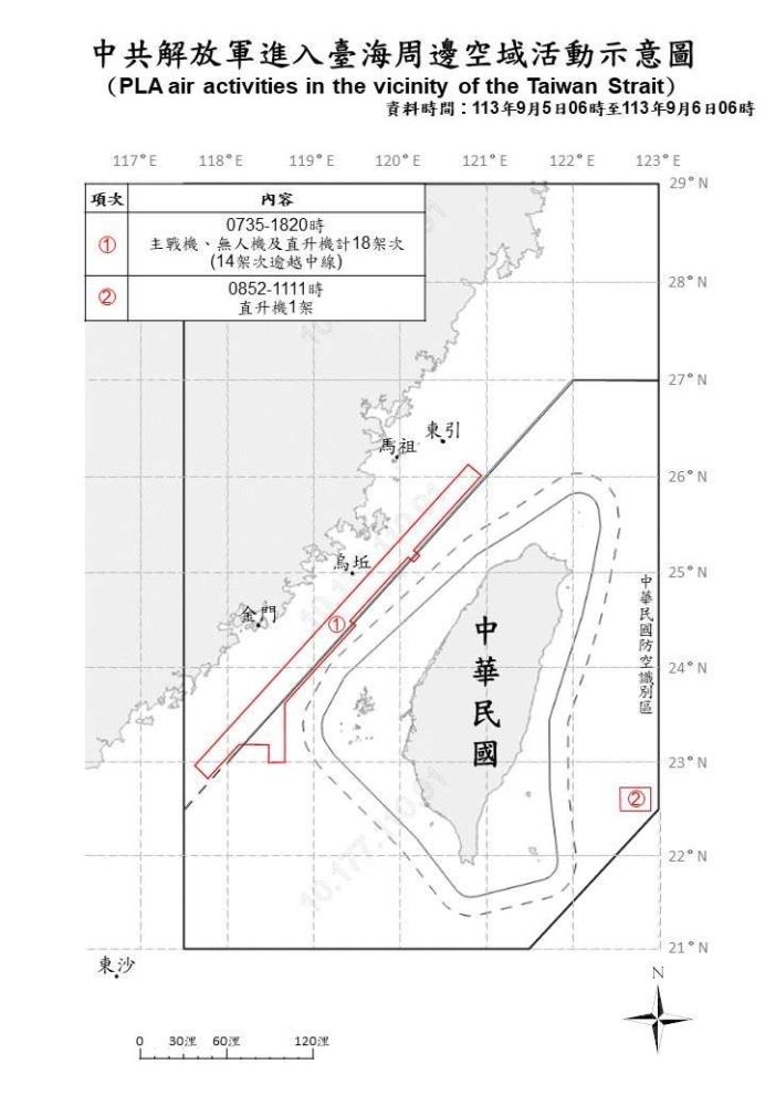 中共解放軍進入臺海周邊空域活動示意圖。（國防部提供）