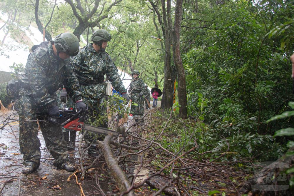 兵整中心官兵以電鋸分解樹枝。（軍聞社記者卓以立攝）