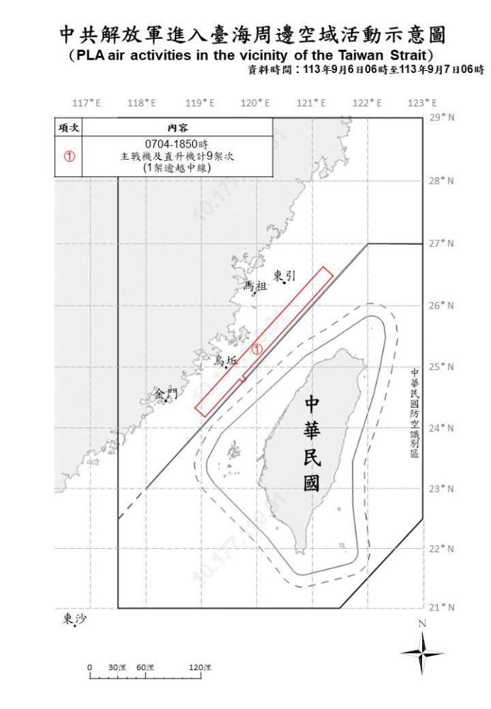 中共解放軍進入臺海周邊空域活動示意圖。（國防部提供）