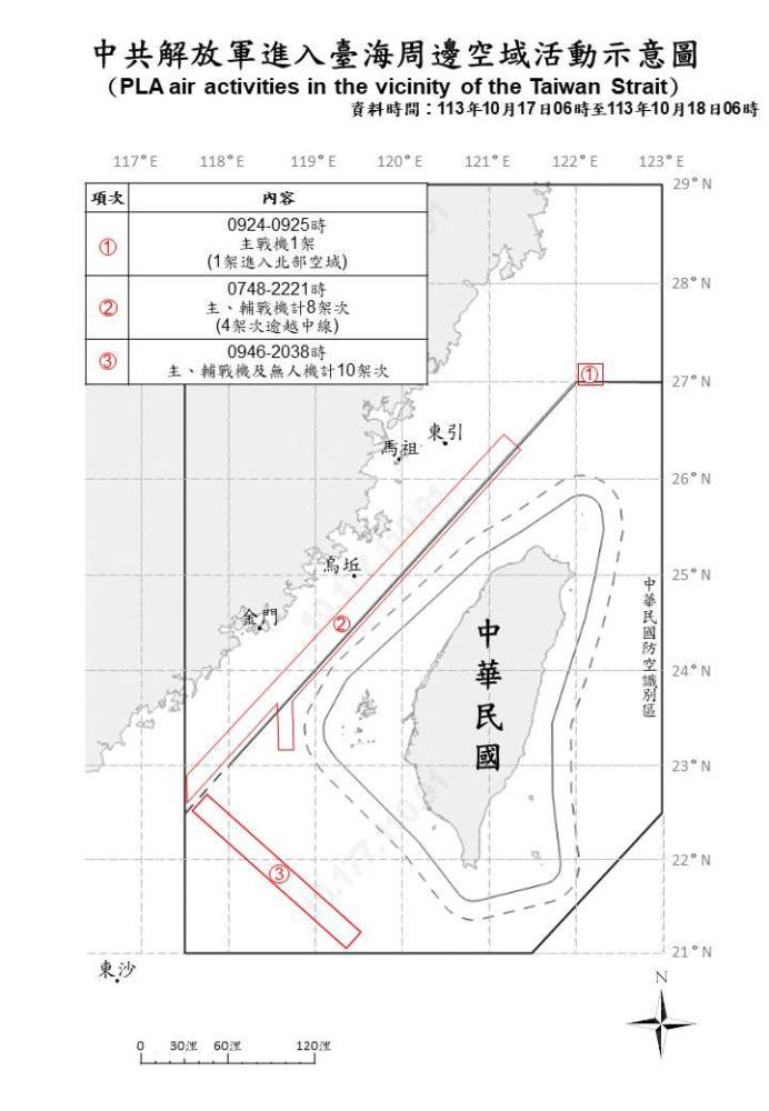 中共解放軍進入臺海周邊海、空域活動示意圖。（國防部提供）