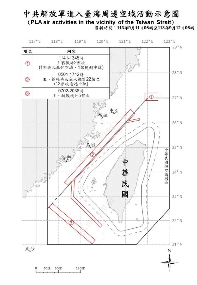 中共解放軍進入臺海周邊空域活動示意圖。（國防部提供）