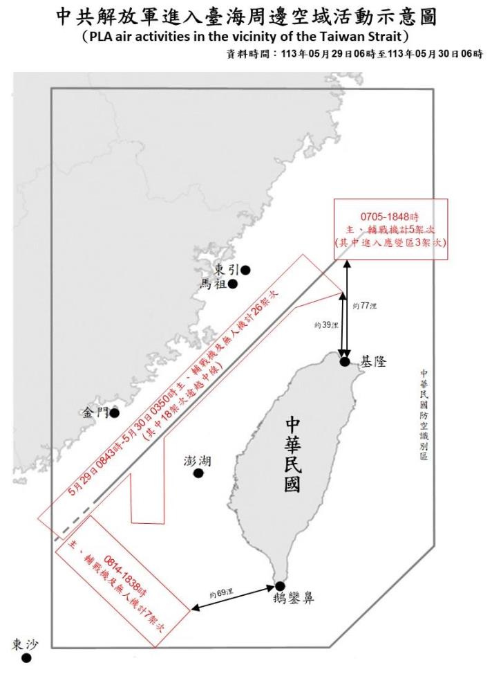 中共解放軍進入臺海周邊空域活動示意圖。（國防部提供）