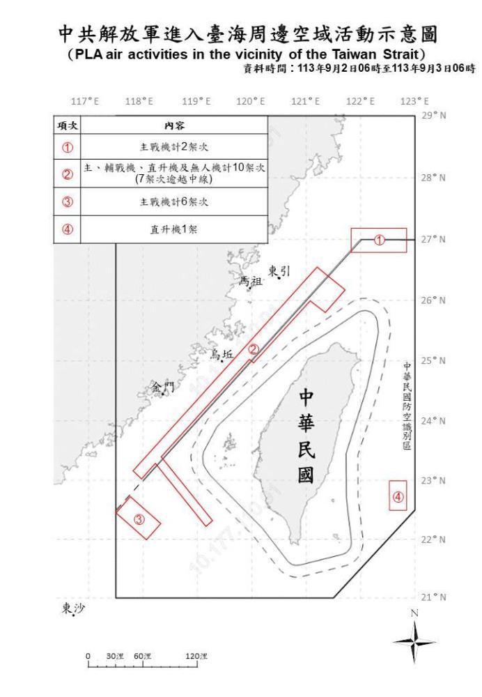 中共解放軍進入臺海周邊空域活動示意圖。（國防部提供）