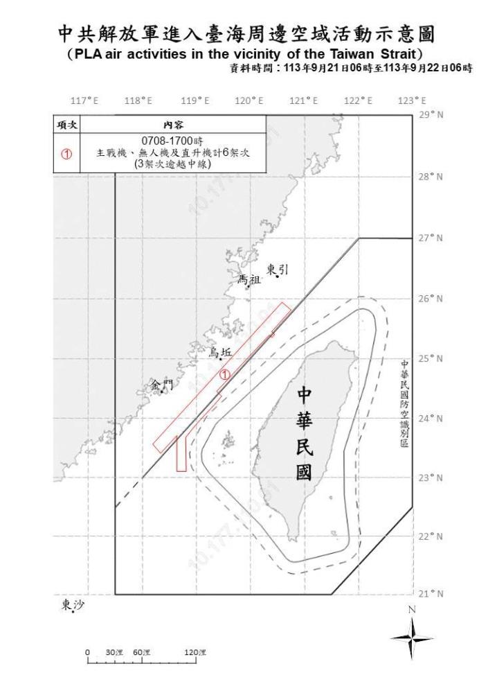 中共解放軍進入臺海周邊空域活動示意圖。（國防部提供）