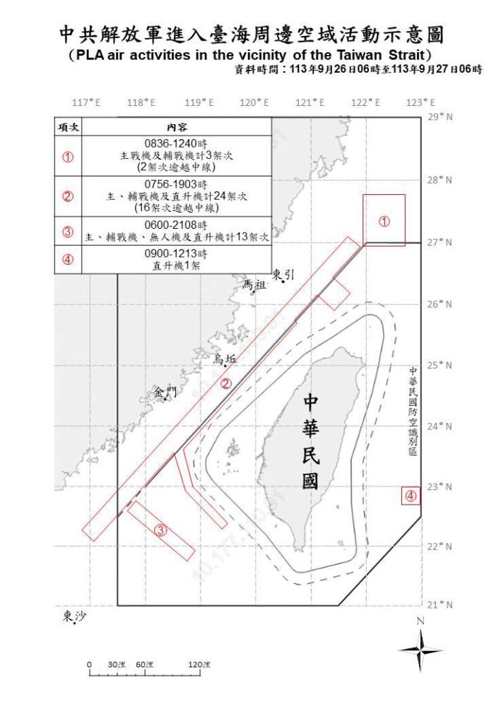 中共解放軍進入臺海周邊空域活動示意圖。（國防部提供）