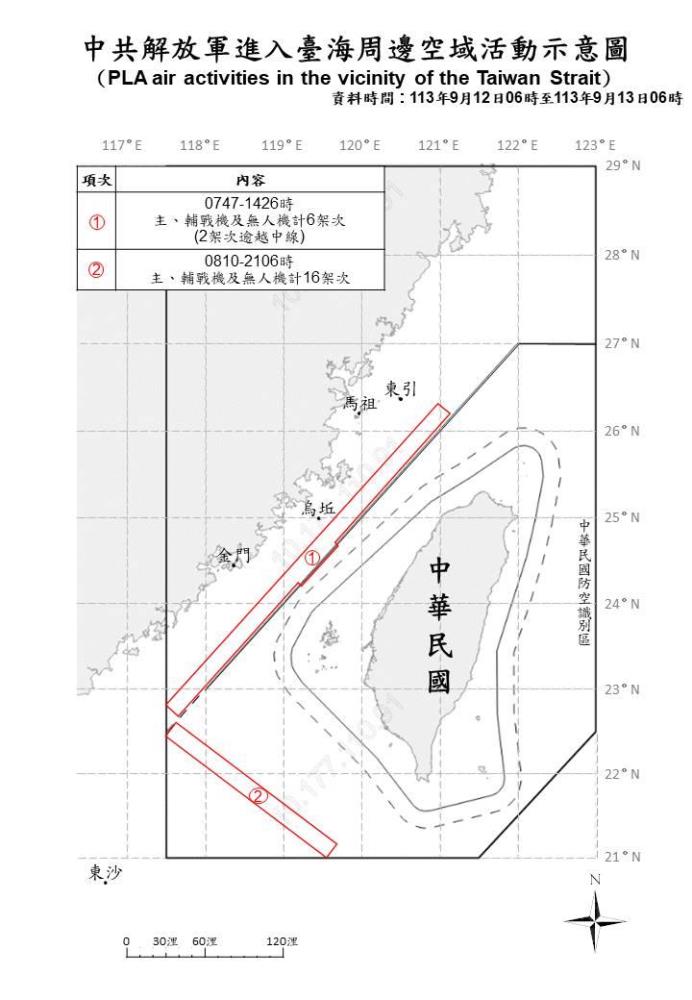 中共解放軍進入臺海周邊空域活動示意圖。（國防部提供）