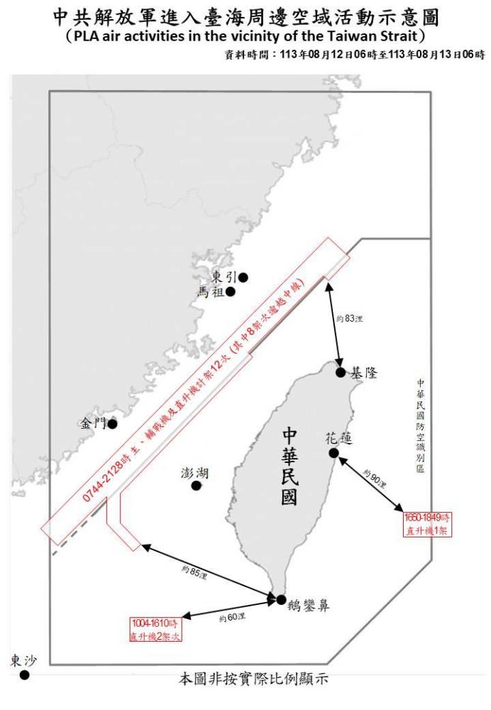 中共解放軍進入臺海周邊空域活動示意圖。（國防部提供）