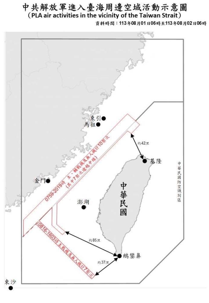 中共解放軍進入臺海周邊空域活動示意圖。（國防部提供）