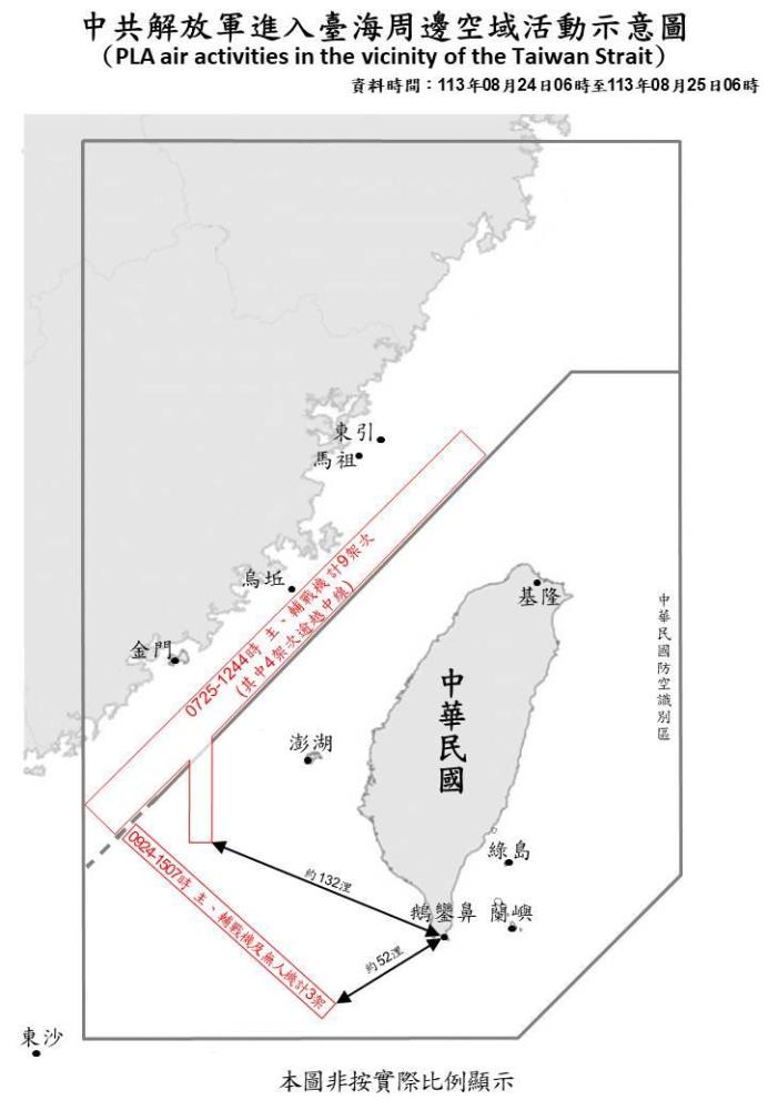 中共解放軍進入臺海周邊空域活動示意圖。（國防部提供）