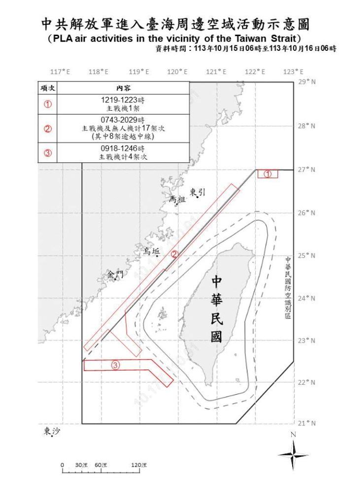 中共解放軍進入臺海周邊海、空域活動示意圖。（國防部提供）