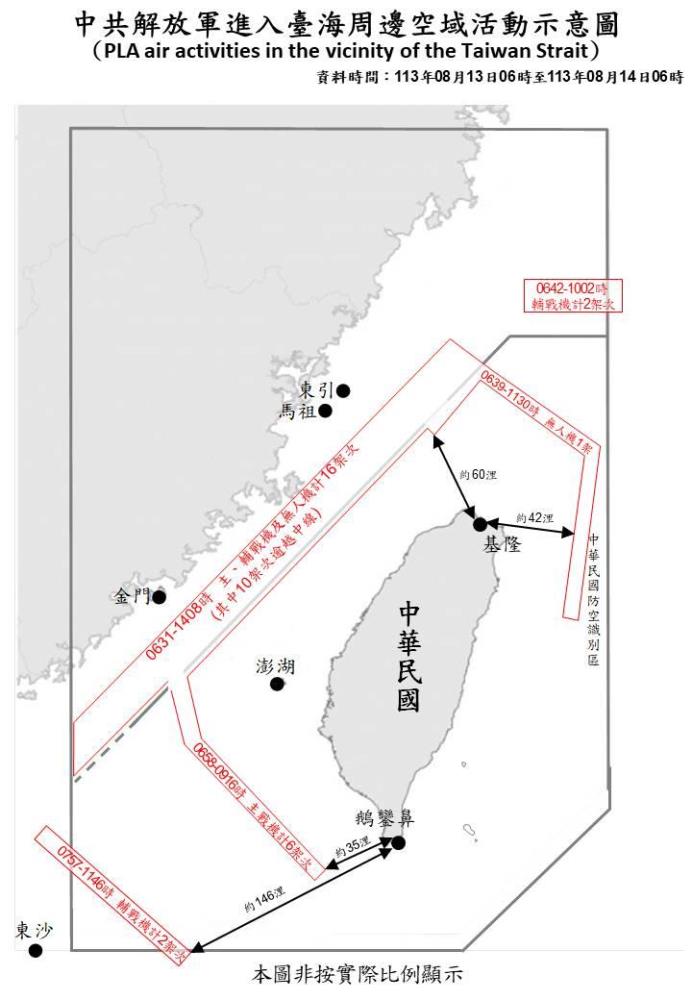 中共解放軍進入臺海周邊空域活動示意圖。（國防部提供）