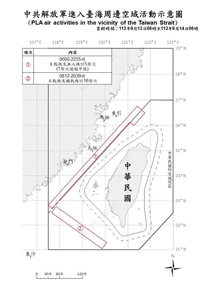 中共解放軍進入臺海周邊空域活動示意圖。（國防部提供）