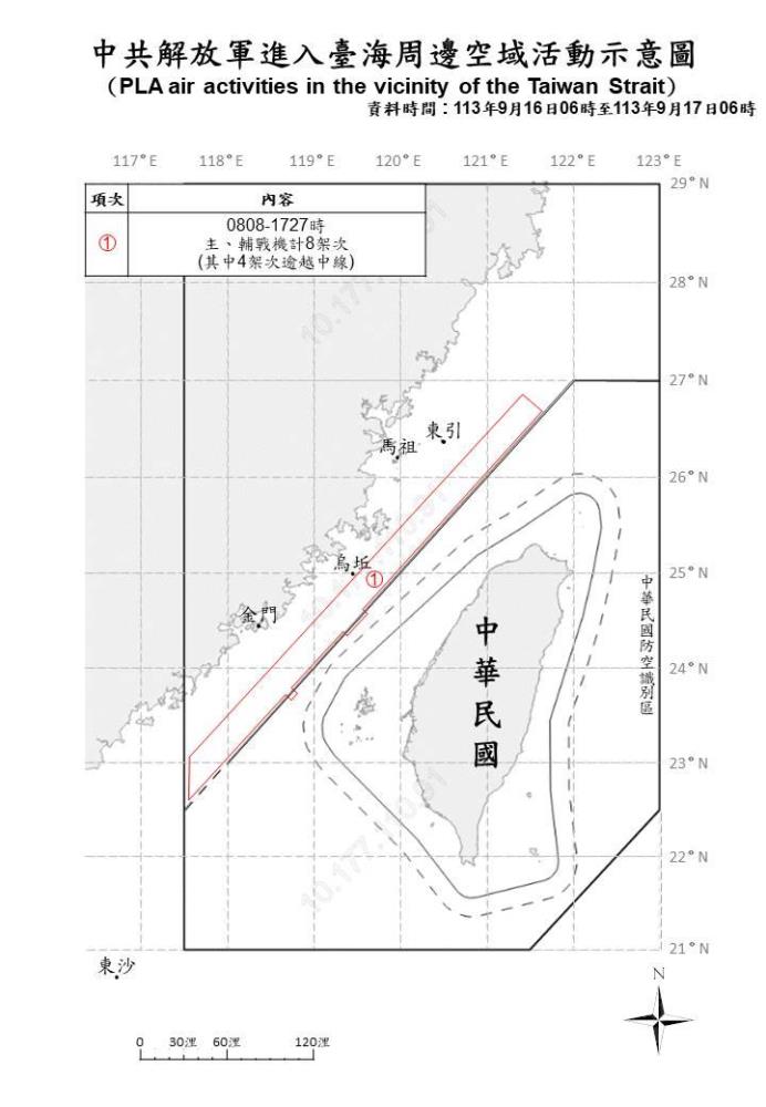 中共解放軍進入臺海周邊空域活動示意圖。（國防部提供）