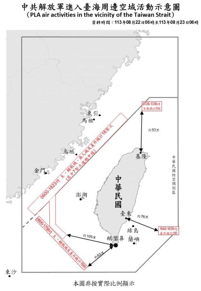 中共解放軍進入臺海周邊空域活動示意圖。（國防部提供）