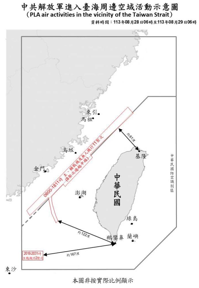 中共解放軍進入臺海周邊空域活動示意圖。（國防部提供）