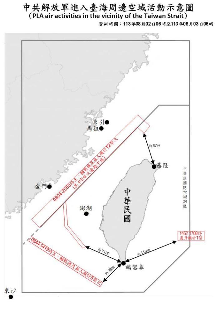 中共解放軍進入臺海周邊空域活動示意圖。（國防部提供）