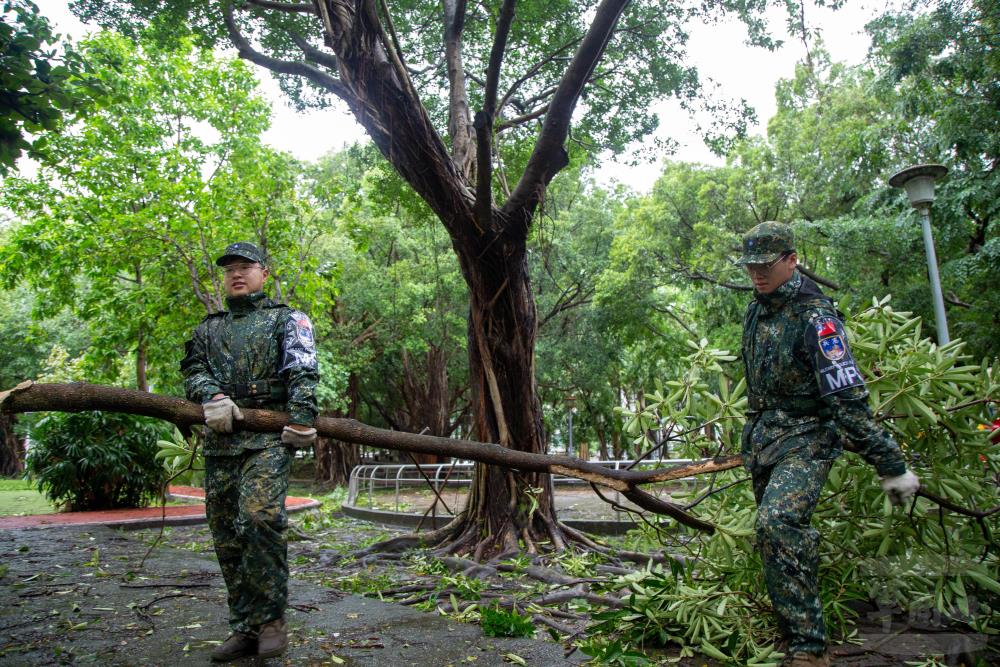 官兵清理倒塌路樹。（軍聞社記者莊家宏攝）