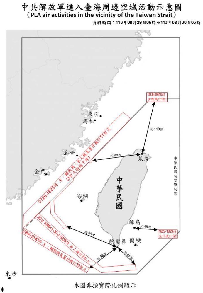 中共解放軍進入臺海周邊空域活動示意圖。（國防部提供）