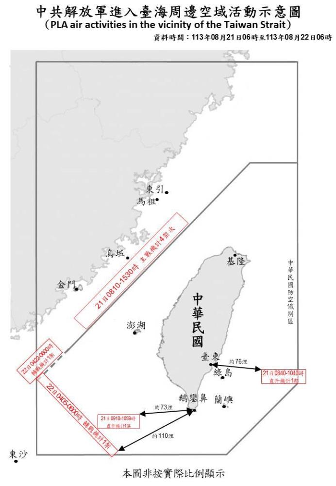 中共解放軍進入臺海周邊空域活動示意圖。（國防部提供）