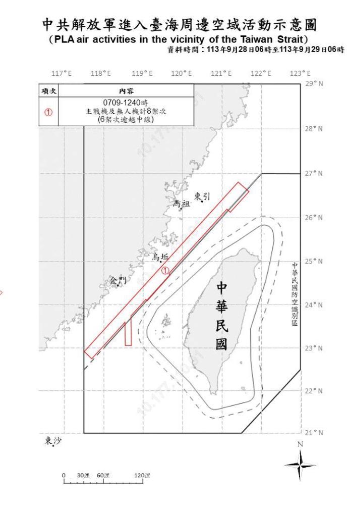 中共解放軍進入臺海周邊空域活動示意圖。（國防部提供）